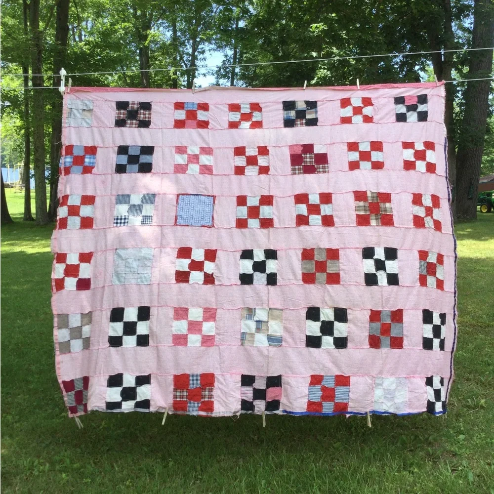 Vintage Quilt top handmade 9 Patch 92x155”